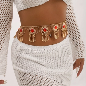Bohemian gold metal waist chain with red gemstones and tassel fringe for women