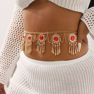 Vintage bohemian gold metal waist chain with red zircon pendants and tassels