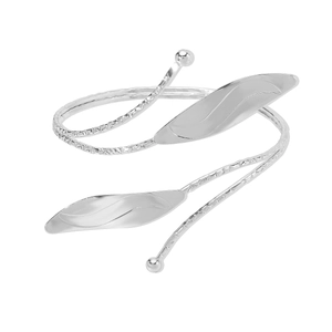 Detailed view of silver leaf arm cuff with hammered texture and adjustable open design