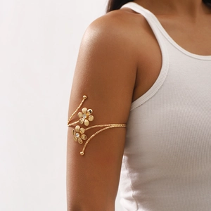 Bohemian Metal Flower Leaf Arm Cuff Bracelet For Women Adjustable Gold Silver Spiral Armband Rhinestone Inlaid Fashion Jewelry