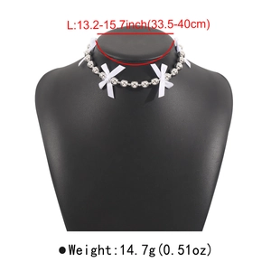 Choker necklace featuring silver beads and white bows with 13.2-15.7 inch size guide