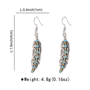 Detail view of vintage bohemian turquoise feather earrings showing precise size measurements