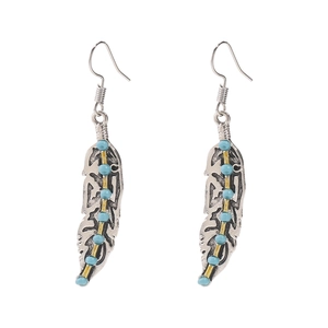 Vintage bohemian silver feather earrings with turquoise beads and hook design