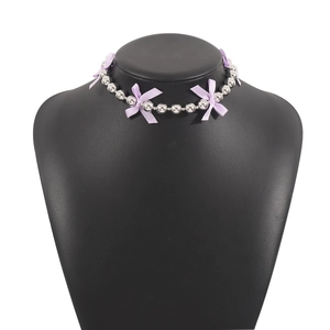 Y2K beaded choker necklace in silver metal with small lavender ribbon bow details