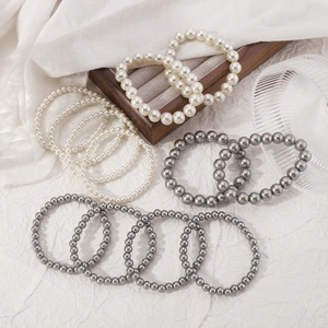 Elegant pearl bead bracelet set in white and grey colors with multi-size pearls