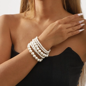 Elegant multi-layered faux pearl beaded bracelet set for women in creamy white finish