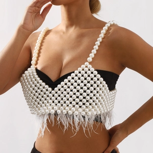 Elegant pearl body chain vest with white feather trim and layered beaded fringe design