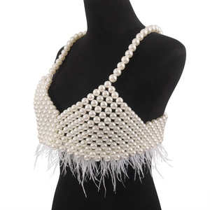 Handmade pearl beaded camisole body chain with elegant white feather tassels