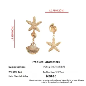 Dimensions détaillées des boucles d'oreilles asymétriques étoile de mer et conque