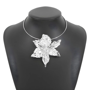 Exaggerated silver floral pendant necklace with a sleek metallic choker on a bust mannequin