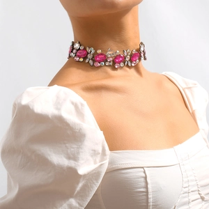 Vintage choker necklace with colorful crystals and rose pink stones for party wear
