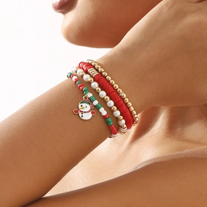 Christmas Beaded Bracelet Set Polymer Clay Alloy Imitation Artificial Pearl Snowman Reindeer Snowflake Charm Elastic Bracelet For Women