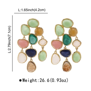 Detail view of colorful resin tassel earrings with size dimensions 4.2x7.1cm and weight info