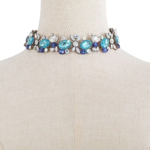 Detailed close-up of Bohemian wide choker featuring multi-shaped blue and white crystals