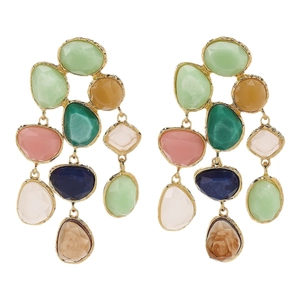 Colorful resin gemstone tassel earrings with gold alloy base in vintage bohemian style