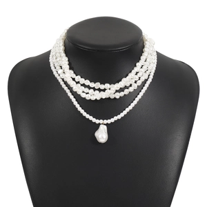 Detailed close-up of multilayered baroque pearl necklace with a large teardrop pendant