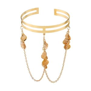 Bohemian gold chain upper arm cuff with hanging sea shell charms for beach vacations