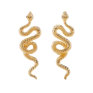 Detailed view of golden snake earrings with textured scales and sparkling white zircon eyes
