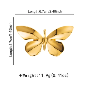 Broche papillon en acier inoxydable doré poli avec dimensions 6,7 cm par 3,7 cm