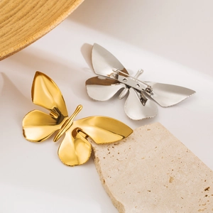 Broches papillon élégantes en acier inoxydable poli, couleurs or et argent pour femmes