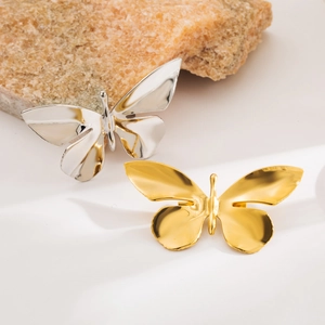 Broches papillon élégantes en acier inoxydable poli de couleur or et argent