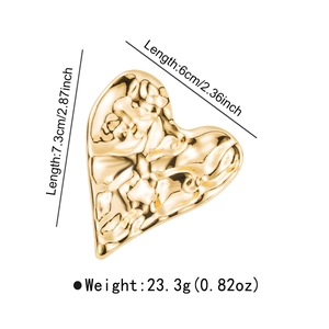 Gold stainless steel irregular wrinkled heart brooch with 7.3cm dimension measurement