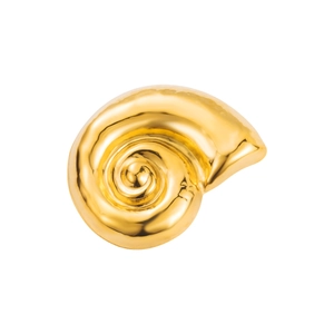 Detailed close-up of a polished golden conch shell brooch with a glossy metallic finish