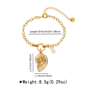 Detail of 14k gold plated stainless steel bracelet with shell pendant and pearl