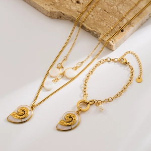 Golden stainless steel conch pendant necklace and bracelet set with white shell inlay