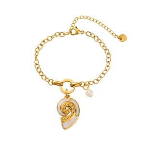14k gold plated stainless steel bracelet with spiral conch pendant and pearl detail