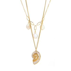 Close-up of a 14k gold-plated stainless steel necklace with seashell pendant and pearls