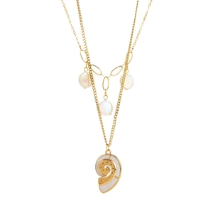 14k gold plated stainless steel layered necklace with pearls and sea snail shell pendant