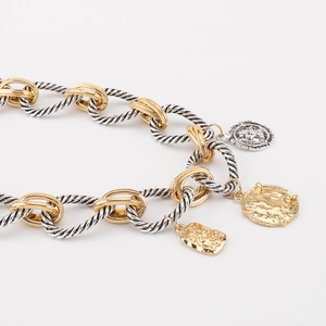 Close-up of mixed silver and gold twisted chain with vintage coin and relief pendants