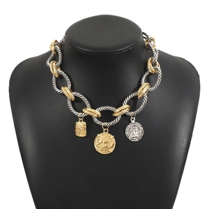 Retro chunky mixed-metal twist chain necklace with vintage coin and square pendants