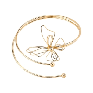 Elegant gold flower butterfly spiral open arm cuff bracelet with double wire design