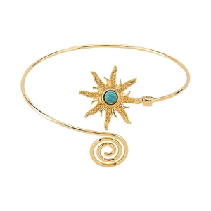 Boheemse gouden bovenarmband met zonnebloem, turquoise en verstelbare open spiraalvorm
