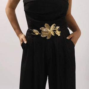Retro Exaggerated Gold Tulip Flower Buckle Waist Chain Multi Strand Black Leather Rope Belt For Women Party Dress Decor