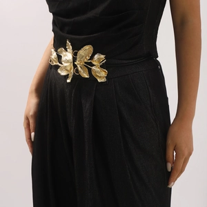 Elegant gold tulip flower metal buckle belt with a slim black cord for women dresses