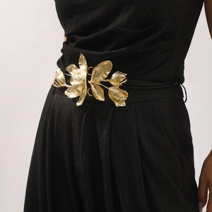 Vintage gold tulip flower decorative belt with black cord for dresses and trousers