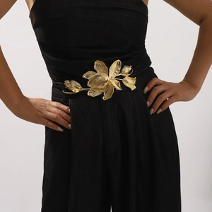 Vintage golden tulip flower buckle belt with black leather rope for dresses and pants