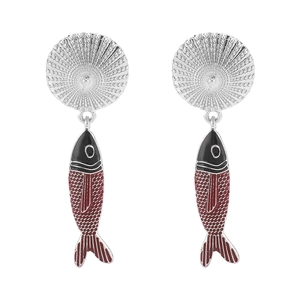 Orecchini pendenti a forma di pesce bohémien con smalto rosso e perni argentati
