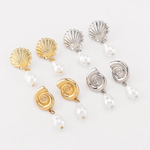 French vintage shell and conch pearl drop earrings in gold and silver metal finishes