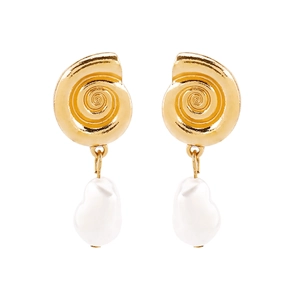 Detailed macro view of French vintage spiral shell earrings with baroque pearls