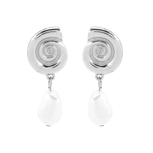 Close-up of silver spiral shell stud with hanging white baroque pearl drop earring