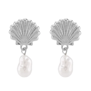 French vintage shell pearl drop earrings with baroque design in silver finish
