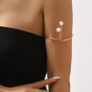 Brazalete de Brazo de Hierro Dorado Minimalista Con Detalles de Perlas Artificiales de Imitación Brazalete Geométrico Joyería de Moda para Mujer