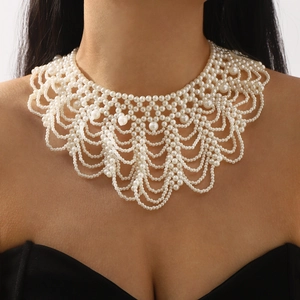 Vintage layered woven imitation pearl bib necklace in cream white with tiered collar design