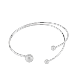 Silver double-layer open cuff bracelet featuring minimalist metallic bead accents