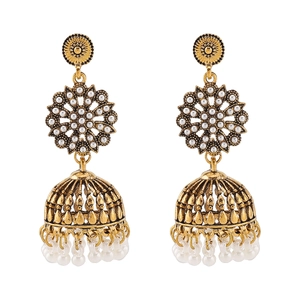 Macro detail of Bohemian Jhumka earrings featuring floral alloy disks and pearl bead tassels
