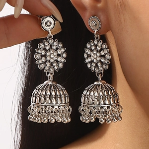 Bohemian vintage silver flower bell earrings with rhinestones and tassel charms